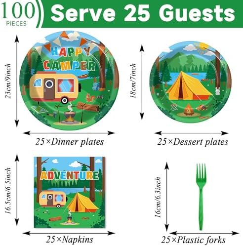 OBUSATT 100PCS Happy Camper Adventure Party Decorations Tableware Set - Disposable Plates, Napkins for Camping Theme Birthday - Serves 25 Guests - Image 2