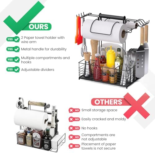 Grill Caddy for Outdoor Grill with 2 Paper Towel Holders,Barbecue Tool Sets Storage Organizer,BBQ Caddy for Outdoor Grill with 9 Compartments & 8 Hooks,Picnic Caddy Grilling Gifts for Men - Image 4