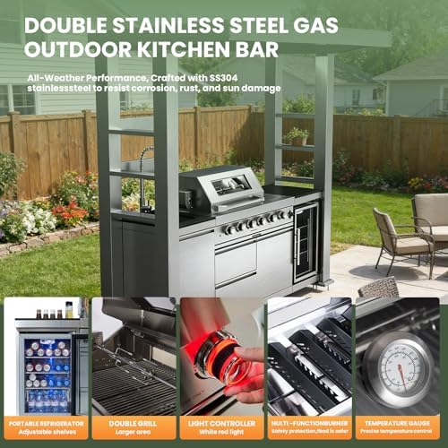 97" Stainless Steel Outdoor Kitchen Island with 4-Burner 72000 BTU,Natural Gas Grill with Side Burner,Rotisserie Oven,Refrigerator,Galvanized Steel Roof,Granite Countertops,Sink.(Natural Gas) - Image 5
