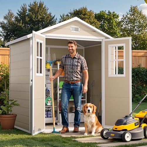 DWVO 6x4.4 FT Outdoor Storage Shed, Plastic Garden Tool Shed with 2 Windows, Double-Wall Outside Shed for Lawn Mower, Garden Tool for Backyard, Patio, Lockable, Beige - Image 3