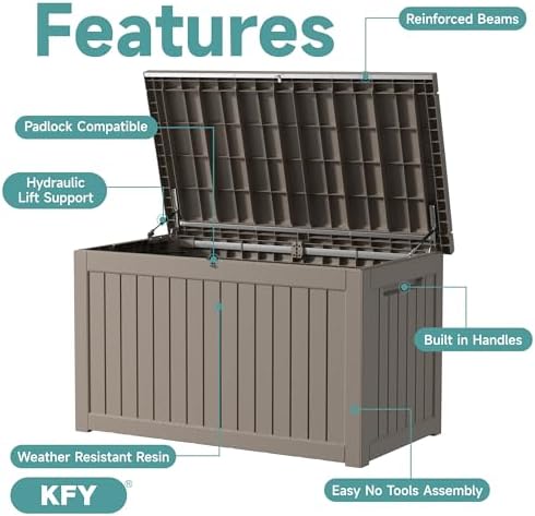 230 Gallon Waterproof Outdoor Storage Box, UV Resistant Resin Deck Box with Hydraulic Rod for Reinforced Stability, Perfect for Patio, Garden, and Pool, Grey - Image 3