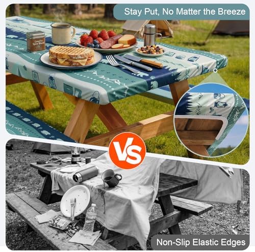 Picnic Table Cover with Bench Covers - Waterproof Fitted Tablecloth for 6 Ft Rectangle Tables, Windproof Elastic Edge Camping Essentials RV Accessories with Integrated Storage Bag - Image 2