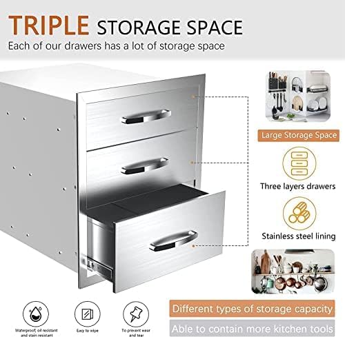 Outdoor Kitchen Drawers Stainless Steel 3-Drawer BBQ Drawer Enclosed Built-in Drawer Flush Mount For Outdoor Kitchens & BBQ Islands,18Wx23Dx21H - Image 4