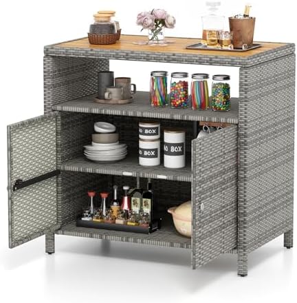 Tangkula Rattan Outdoor Storage Cabinet, Patiojoy Outdoor Cabinet with Acacia Wood Countertop, Open Compartment, 2-Door Wicker Sideboard, Outdoor Bar for Patio Garden Backyard Poolside (Mix Grey) by TANGKULA