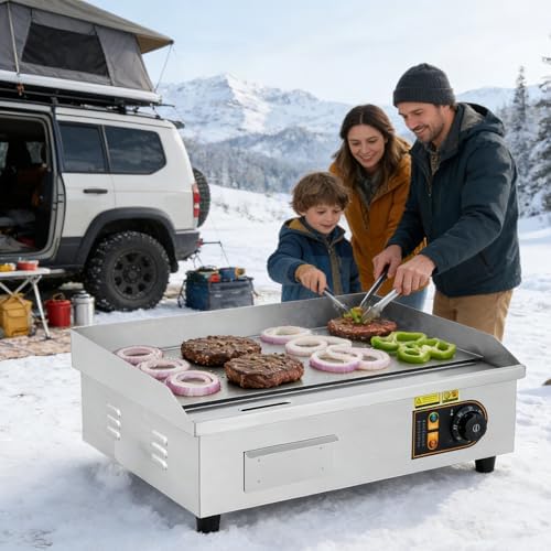Garvee 22in Commercial Electric Flat Top Griddle Non-Stick for Breakfast Bars, Countertop Flat Top Grill with 2 Shovels and 2 Brushes for Roadside Stands, 122℉-572 ℉ Adjustable Temp by Garvee