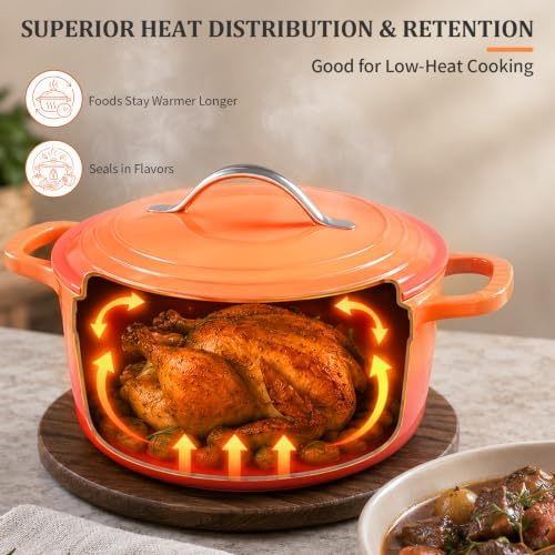 Winado 5 Qt Enameled Cast Iron Dutch Oven Pot with Lid, Orange Ombre - Image 7