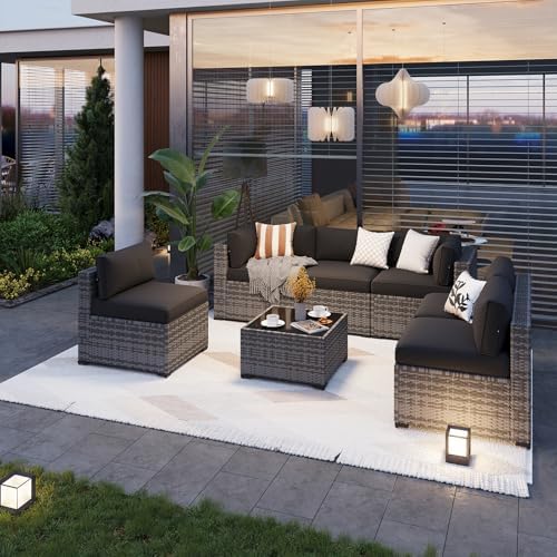 Aoxun Patio Furniture Sets, 7-Piece Outdoor Patio Furniture with Thick Cushions, Wicker Outdoor Conversation Set Sectional Sofa for Backyard, Poolside, Garden (Black-Grey, 7 x 25.2 - Seats) - Image 2