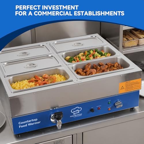 TOPKITCH ETL Listed 6 Pan Commercial Food Warmer, Electric Bain Marie Countertop Stainless Steel Buffet Steam Table for Catering and Restaurants(6×1/3 GN Pan,120V/1700W) - Image 5