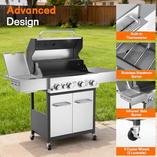Veralune 4 Burner Gas Grill with 1 Infrared Side Burner & Steel Grates - Image 3
