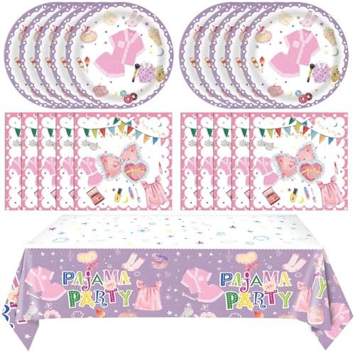 41Pcs Pajama Party Decorations Tableware Set Sleepover Party Supplies For Girls Include Pajama Plates Napkins Tablecloth丨Girls Slumber Party Spa Party Bachelorette Party Birthday Party Decor,Serve 20 by Mainivo