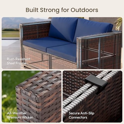 Patio Furniture Set - All-Weather -5 Piece Outdoor Patio Conversation Couch Sets, Modular Wicker Rattan Sectional Sofa for Garden, Patio, Poolside, Backyard, Balcony, Porch,Navy Blue - Image 2