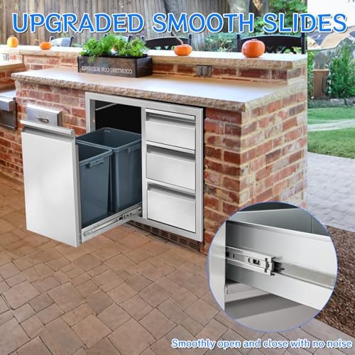 Outdoor Kitchen Drawer Combo, Stainless Steel Triple Drawer Cabinet with Built-in Trash Drawer & Two Trash Cans, 28" W x 22" H x 19.5" D Outdoor Kitchen Storage for BBQ Grill Islands - Image 6