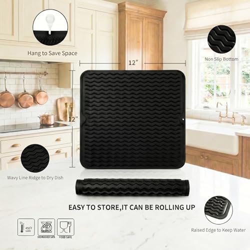 MicoYang Silicone Dish Drying Mat for Multiple Usage,Easy clean,Eco-friendly,Heat-resistant Silicone Mat for Kitchen Counter or Sink,Refrigerator or Drawer liner Black M 12 inches x 12 inches - Image 2