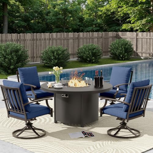 5 Piece Metal Outdoor Patio Furniture Set with 48"/55000 BTU Round Fire Pit Table,Outdoor Dining Table Set 4 Swivel Chairs No-Slip Cushions and Waterproof Covers,Navy by TrumbeakFurniture