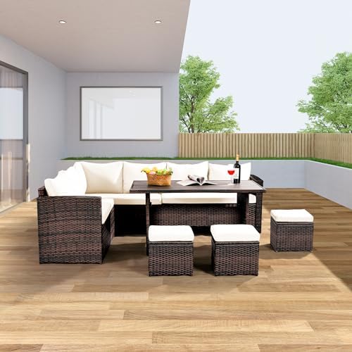 Wumiokio Patio Furniture Set, 7 Pieces Outdoor Patio Furniture with Dining Table&Chair, All Weather Wicker Conversation Set with Ottoman,Brown Rattan & Ivory Cushions (Include Sofa Dust Cover) - Image 2