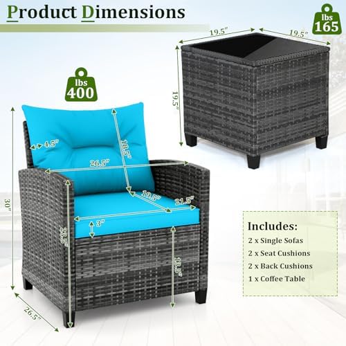 RELAX4LIFE 3 Piece Patio Furniture Set, Wicker Bistro Conversation Set w/2 Cushioned Armchairs & Glass Topped Table, Outdoor Rattan Sofa Set Patio Furniture for Porch Balcony Poolside (Grey-Turquoise) - Image 6