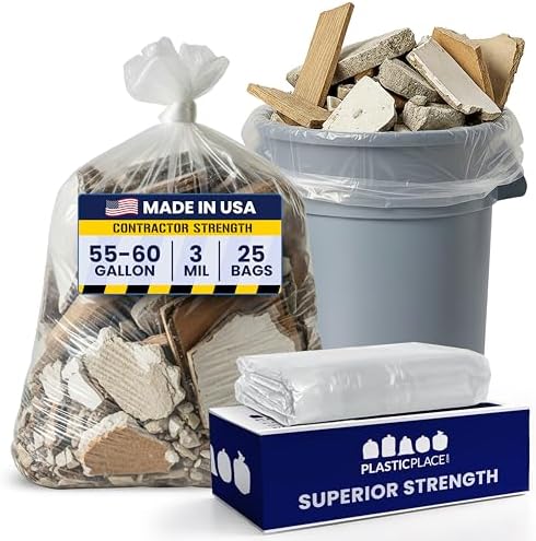 Plasticplace Contractor Trash Bags 55-60 Gallon - 3.0 Mil, Clear Heavy Duty Garbage Bag 38" x 58" (25 Count) by Plasticplace