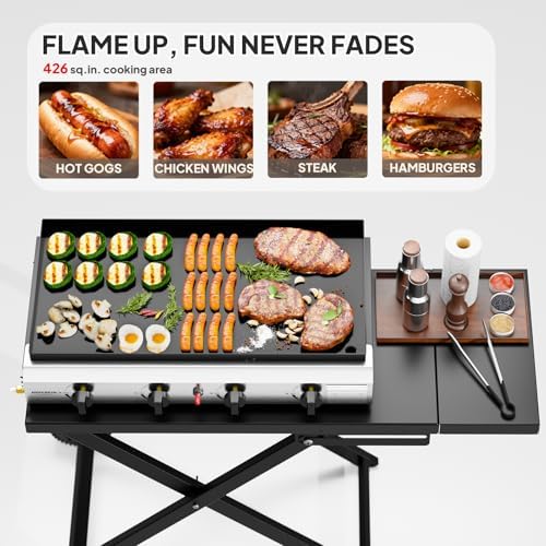 ROVSUN 4 Burner Foldable Propane Griddle with Wheels & Enameled Tray, 40000 BTU Portable Flat Top Gas Grill with Electronic Ignition & Regulator for Outdoor Cooking Camping BBQ Tailgating Picnicking - Image 4