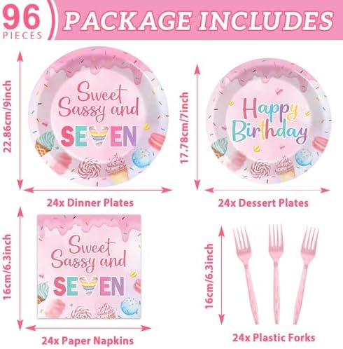 96 PCS Donut 7th Party Plates and Napkins Donuts Party Tableware Supplies Sweet Sassy Seven Year Old Plates Napkins Decors Donuts Decorations for Kids Birthday Gatherings Decorations - Image 2