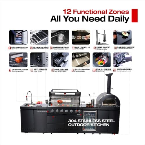 122'' LPG Outdoor Kitchen Island with Grill & Pizza Oven, 6 Burners, Black - Image 7