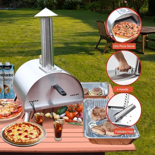 12" Wood Pellet Pizza Oven – Portable Stainless Steel Outdoor Pizza Maker with Built-In Thermometer, Foldable Legs, Carry Handle & Cordierite Pizza Stone for Backyard, Patio & Camping - Image 2