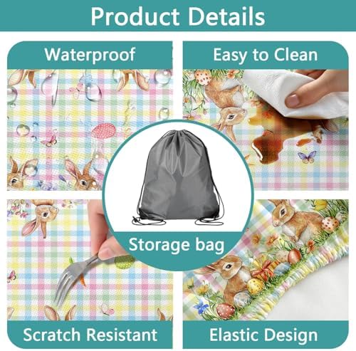 Easter Picnic Table Cover with Bench Covers, Camping Essentials, Easter Buffalo Plaid Bunny Eggs Flowers Outdoor Table Covers, Waterproof, Fitted Tablecloth Cover with Elastic Edge, 3 PCS, 30x96 Inch - Image 4