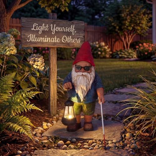 Solar Garden Gnome Outdoor Statue, 10.2 inches Blind Man Gnome with Lantern - Image 5