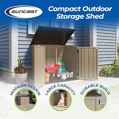 Suncast Horizontal Shed, Compact Outdoor Storage System, 34 Cu. Ft. Capacity, Sand & Slate - Lockable Multi-Wall Resin Organizer for Garbage Cans, Garden Tools, Bins, Bikes and Yard Equipment - Image 3