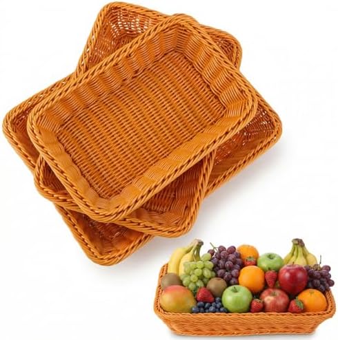 3-Piece Wicker Basket Set, Rectangular Rattan Trays for Serving Bread, Fruit, Vegetables & Snacks - Decorative Display for Kitchen, Restaurant, Home (Multiple Sizes) by Unknown