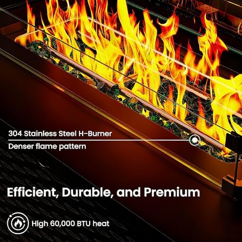 Ciays 43-Inch Rectangular Propane Fire Pit with 60,000 BTU Output, Fire Pit Table Premium Gas for Outside Patio with 304 Stainless Steel H-Burner, Glass Stones, and Wind Guard,Black - Image 4