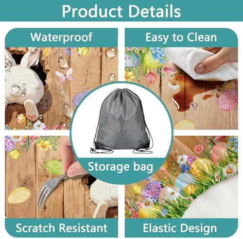 Easter Picnic Table Cover with Bench Covers, Cute Bunny Flower Brown Wooden Board Camping Tablecloth, Waterproof Windproof, Fitted Tablecloth Cover with Elastic Edge, for Outdoor, 3 PCS, 30x96 Inch - Image 4