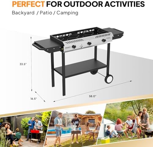 ROVSUN 3 Burner Outdoor Propane Gas Stove with Ignition, Regulator & Side Shelves, 225,000 BTU Rolling Gas Stove Outdoor Cooker for Backyard Patio Cooking Home Camping Brewing Canning Turkey Frying - Image 6