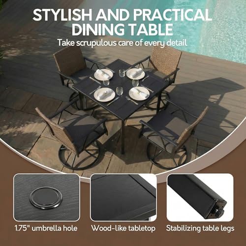 5-Piece Patio Dining Set for 4，Outdoor Dining Set with Wicker Swivel Patio Dining Chairs with Cushions & 1 Black Square Woodgrain Dining Table with 1.75”Market Umbrella Hole, Black & Brown - Image 5