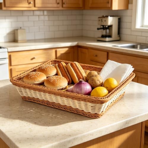Large Wicker Bread Basket for Party Food, Rectangle Woven Fruit Basket, Gift Baskets Empty, Sturdy Durable Stackable Storage Baskets for Kitchen, Store, Restaurant, Party (Bicolor, L) - Image 6