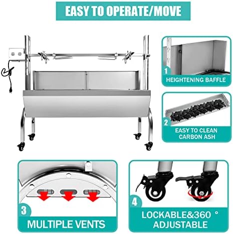 48.6" Electric Rotisserie Grill, Pig Lamb Spit Roaster Stand - 176 Lbs Capacity, Adjustable Height, BBQ Charcoal Rotisserie Grill Kit - Stainless Steel For Outdoor Party Camping - Image 5