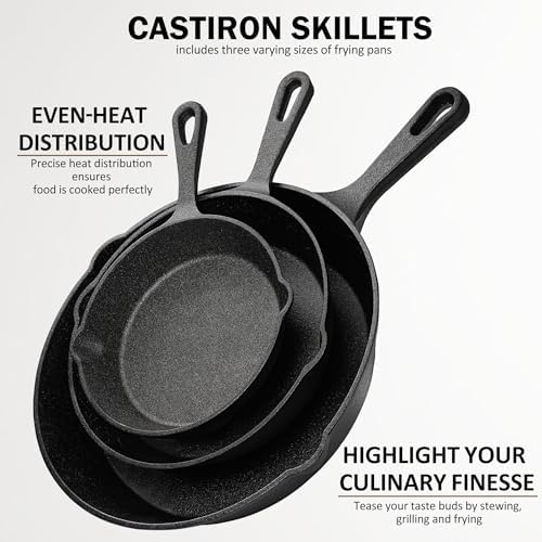 Vivicreate Cast Iron Skillet Pan Set of 3 – Pre-Seasoned Sartenes de Hierro Fundido – 6", 8", 10" Frying Pans for Stove, Oven, Grill – Heavy Duty Sartén Hierro Fundido Cookware Set - Image 7