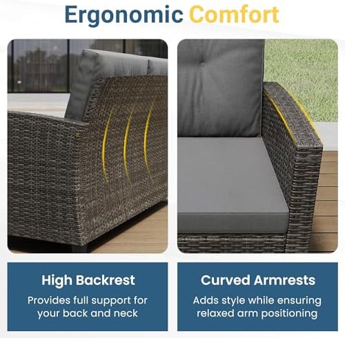Wisteria Lane 4 Piece Patio Furniture Set, Wicker Outdoor Patio Conversation Furniture Set, All Weather Outdoor Patio Sofa with Cushion and Wood Table, Dark Gray - Image 5