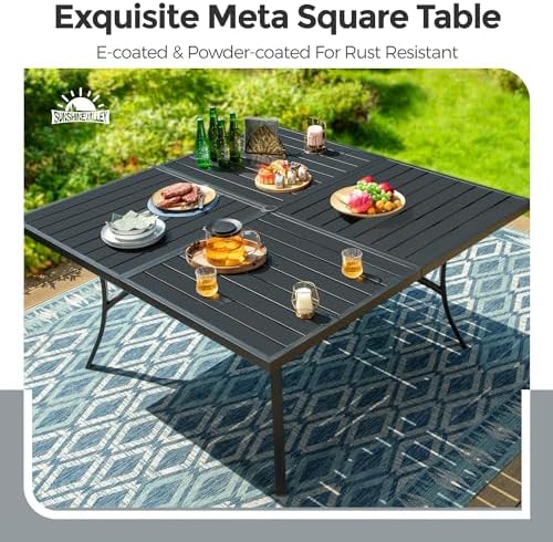SUNSHINE VALLEY 9pc Patio Dining Set, 57.5" Square Table & 8 Red Chairs - Image 3