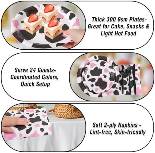 144 Pcs Cow Print Tableware Set for 24 Guests, Heavy-Duty 7" & 9" Paper Plates, Cups, 2-Ply 13" Napkins & Plastic Forks, Disposable Party Supplies for Cow Birthday, Farm and Western Party - Image 6