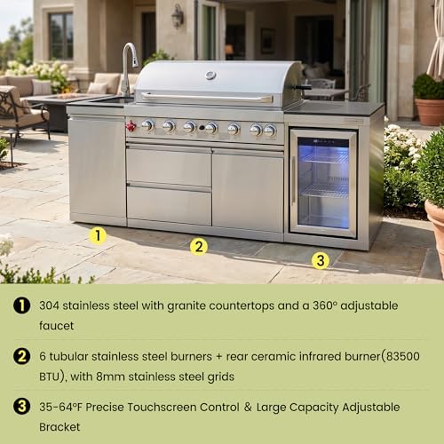 82-Inch 6-Burner 83500 BTU Outdoor Kitchen Island, 304 Stainless Steel Propane Gas Grill, Black Gold Sand Marble Countertop, Wine Cooler, For Patio, Lawn, Backyard, Sliver - Image 5