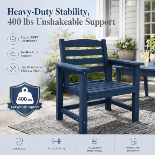 Patio Dining Chairs Set of 2, All-Weather HDPE Outdoor Dining Chair with High Back, Stackable Heavy Duty 400 lbs Lawn Armchair for Backyard Deck Porch Table, Navy Blue - Image 3