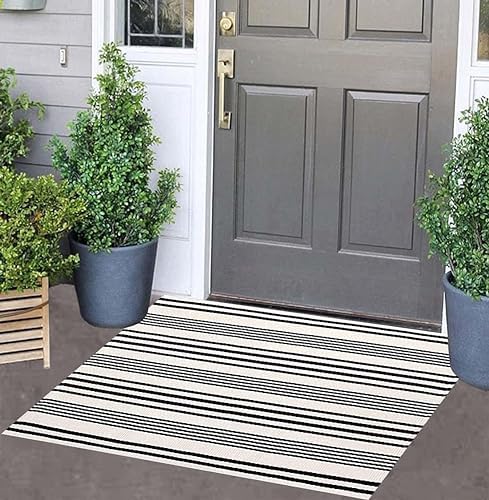 Black and White Striped Doormat 24"x35"Cotton Washable Fall Layering Rug by BUAGETUP