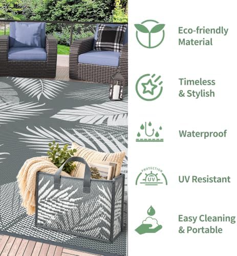 GENIMO Outdoor Rug 6' x 9' Waterproof for Patios Clearance, Reversible Plastic Straw Camping Carpet with Rectangular Storage Bag, Large Area Rugs and Mats for RVs,Garden, Beach, Gray & White - Image 6