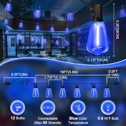 LAMPHOME 26Ft ST38 Outdoor String Lights, Blue Patio Lights with 12+1 ST38 Edison Bulbs, LED Shatterproof String Lights for Outside Bistro Christmas Patio Party Decorations - Image 3