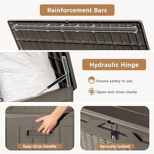 Devoko 97 Gallon Deck Box, Waterproof Resin Outdoor Storage Box for Outside and Patio, Large Outdoor Storage Bench Cabinet Lockable for Patio Furniture, Garden Tools and Pool Supplies (Brown) - Image 5