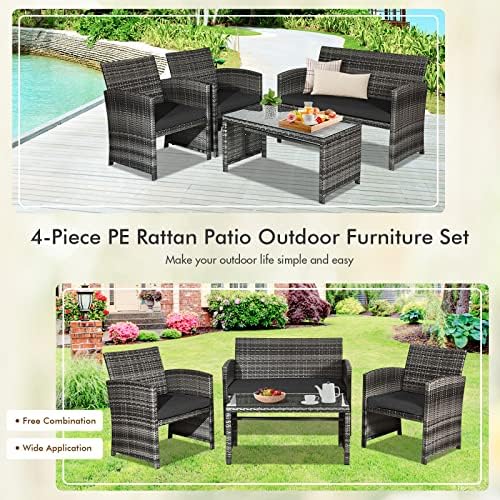 Goplus 4-Piece Rattan Patio Furniture Set, Outdoor Wicker Conversation Sofa with Weather Resistant Cushions and Tempered Glass Tabletop for Lawn Backyard Pool Garden (Black) - Image 5
