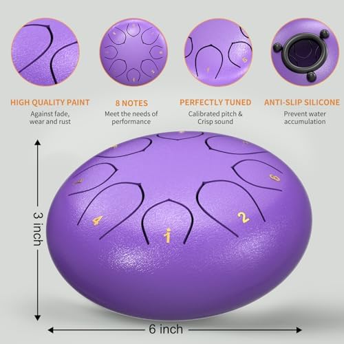 Rain Drum for Outside Garden, 6 Inches 8 Notes Steel Tongue Drums, Waterproof Meditation Echo Rain Chime, Musical Instruments for Adult Gift with Bag, Music Book, Mallets (Purple) - Image 2