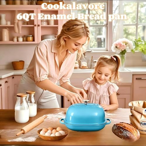 Cast Iron Bread Oven,6 QT Dutch Oven,Thick Enameled Loaf Pan with Lid,Bread Pans for Homemade Bread,14.5"Dutch Oven for Bread Baking,Dutch Ovens-with Silicone Baking Mat&Recipe,Gifts for Family,Teal - Image 2