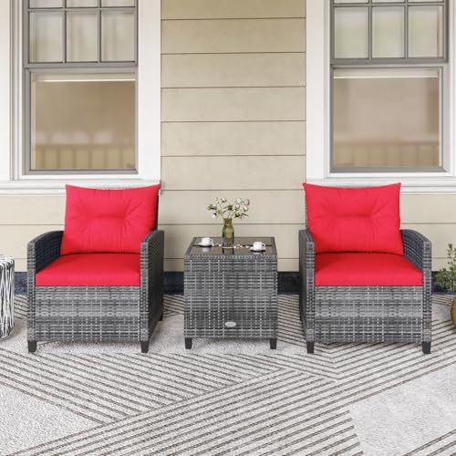 KOTEK 3 Piece Patio Furniture Set, Outdoor PE Rattan Conversation Set with Washable Cushions & Tempered Glass Tabletop, Wicker Chairs and Table Set for Porch, Garden, Balcony (Red) - Image 7