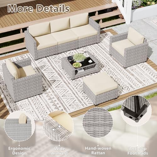 LOUVIXA 7 Piece Outdoor Patio Furniture Set, Rattan Chairs Glass Table Wicker Conversation Seating Sectional Sofa with Cushions (Grey White-Beige, 7Pcs-2 Layer Coffee Table) - Image 5
